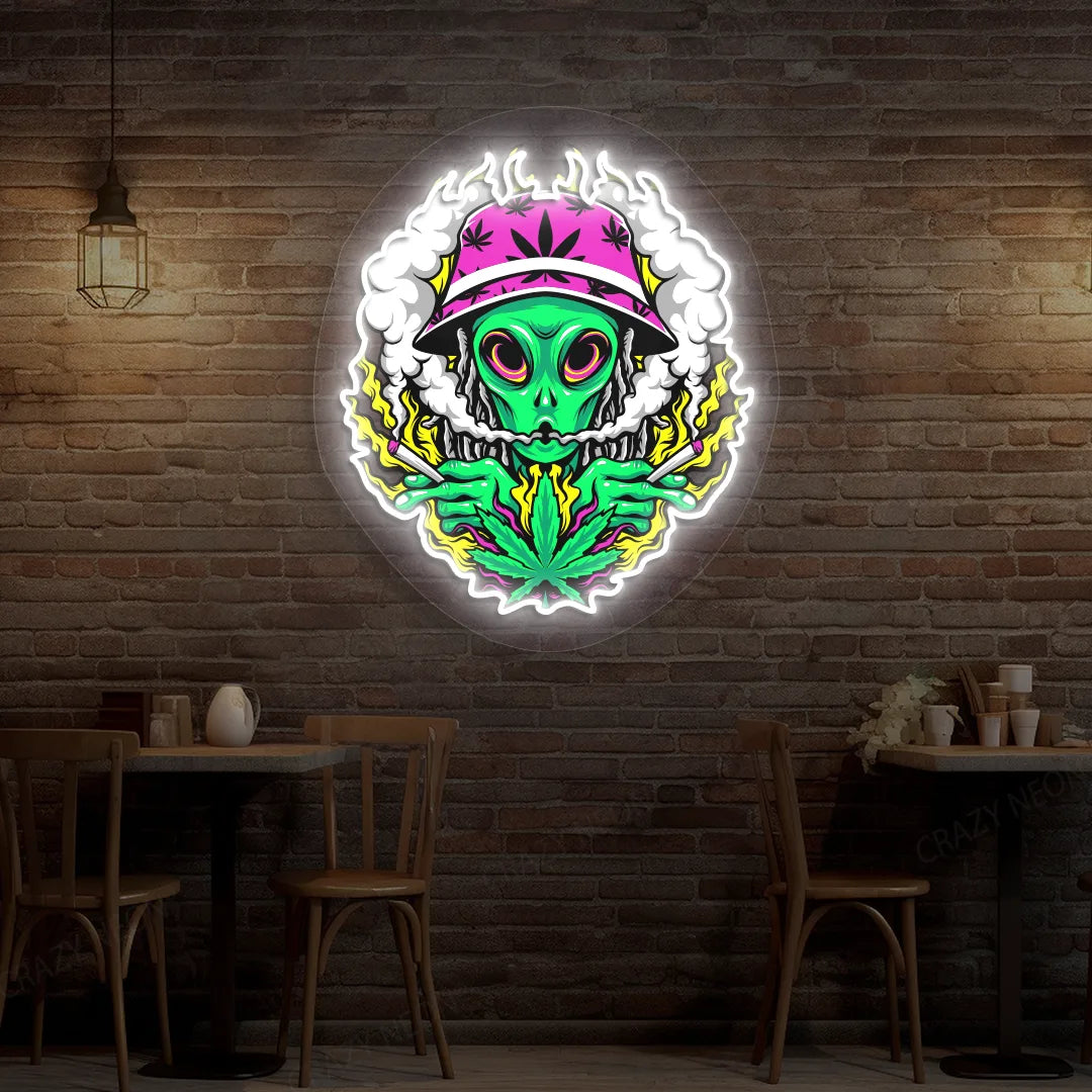 Alien Smoking Weed Neon Artwork in Warmwhite color