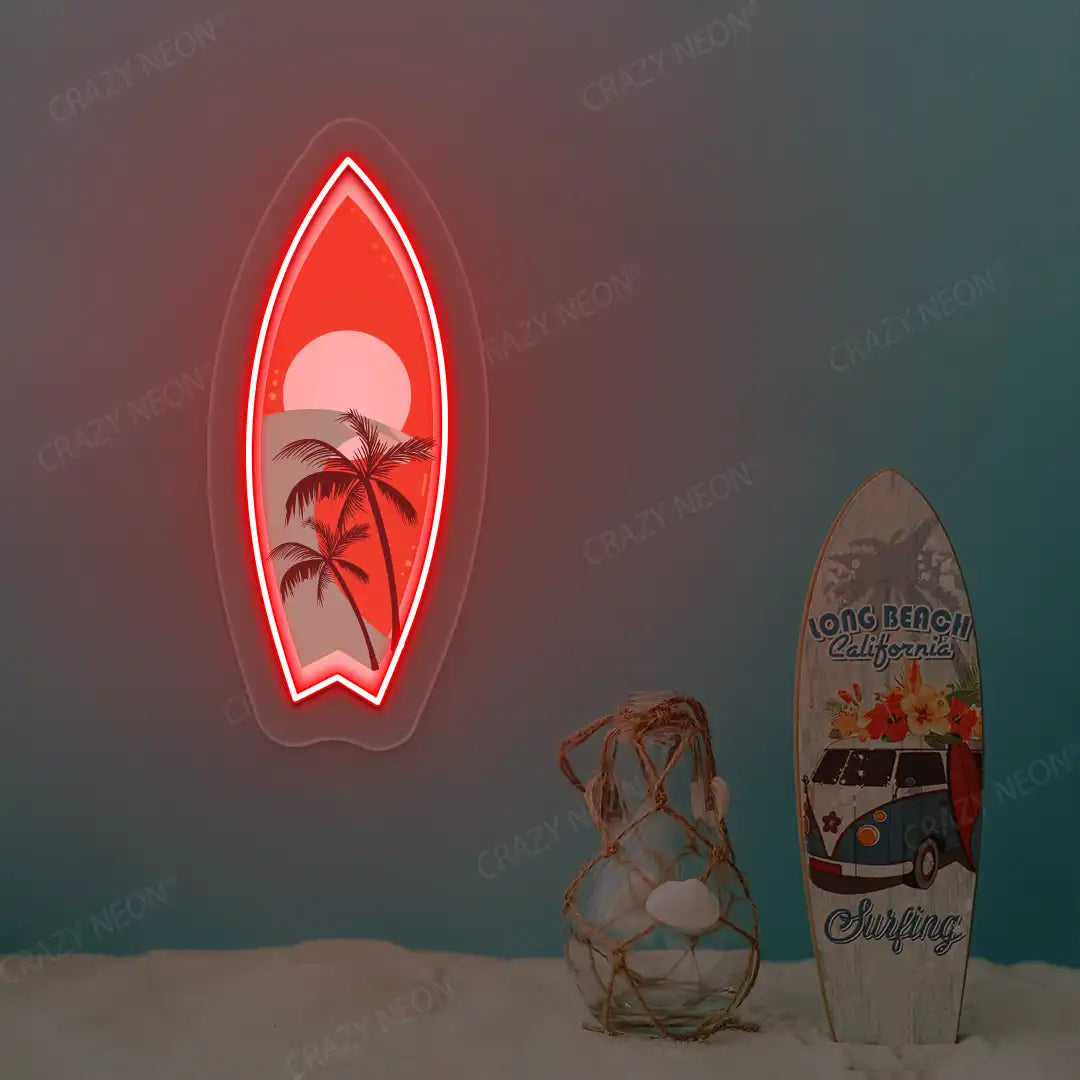 red tropical surfboard neon artwork mounted on a wall