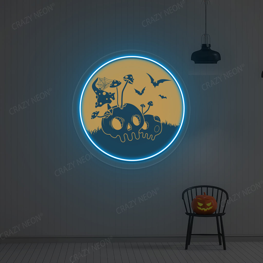 Haunted Mushroom Skulls Neon Artwork | Iceblue