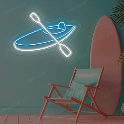 ice blue and white boat paddle neon sign mounted on a wall