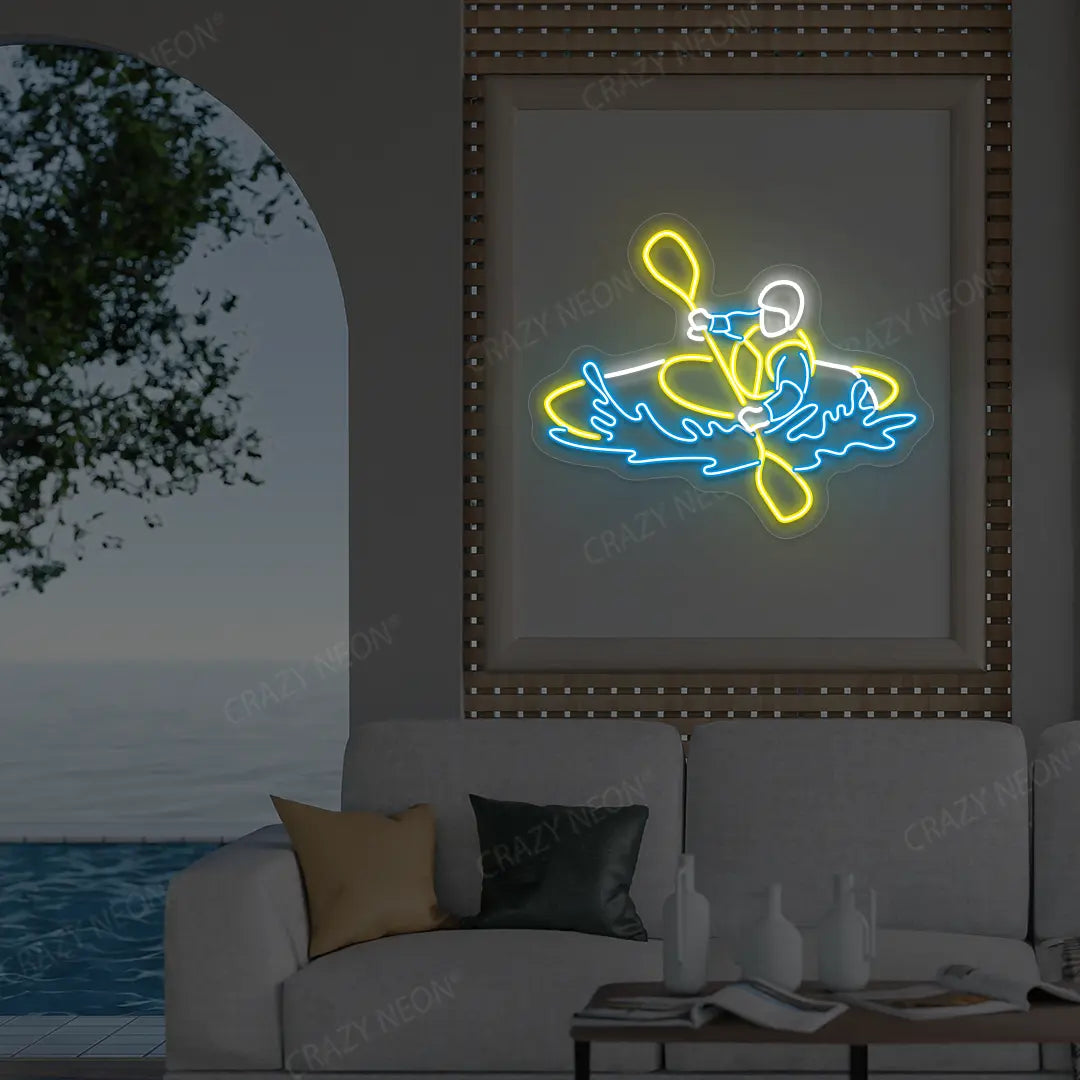 yellow white and ice blue water sport kayaker neon sign mounted on a wall
