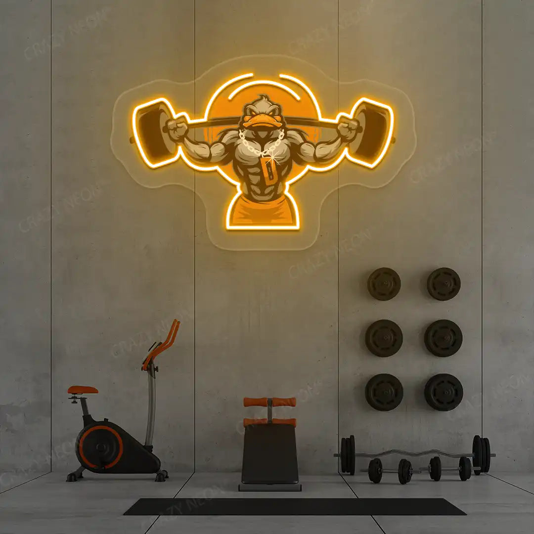 orange muscular duck powerlifting gym neon artwork mounted on a wall