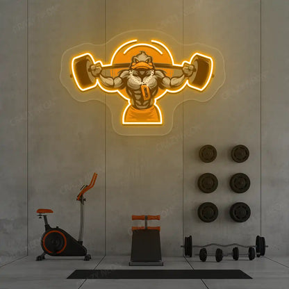 orange muscular duck powerlifting gym neon artwork mounted on a wall