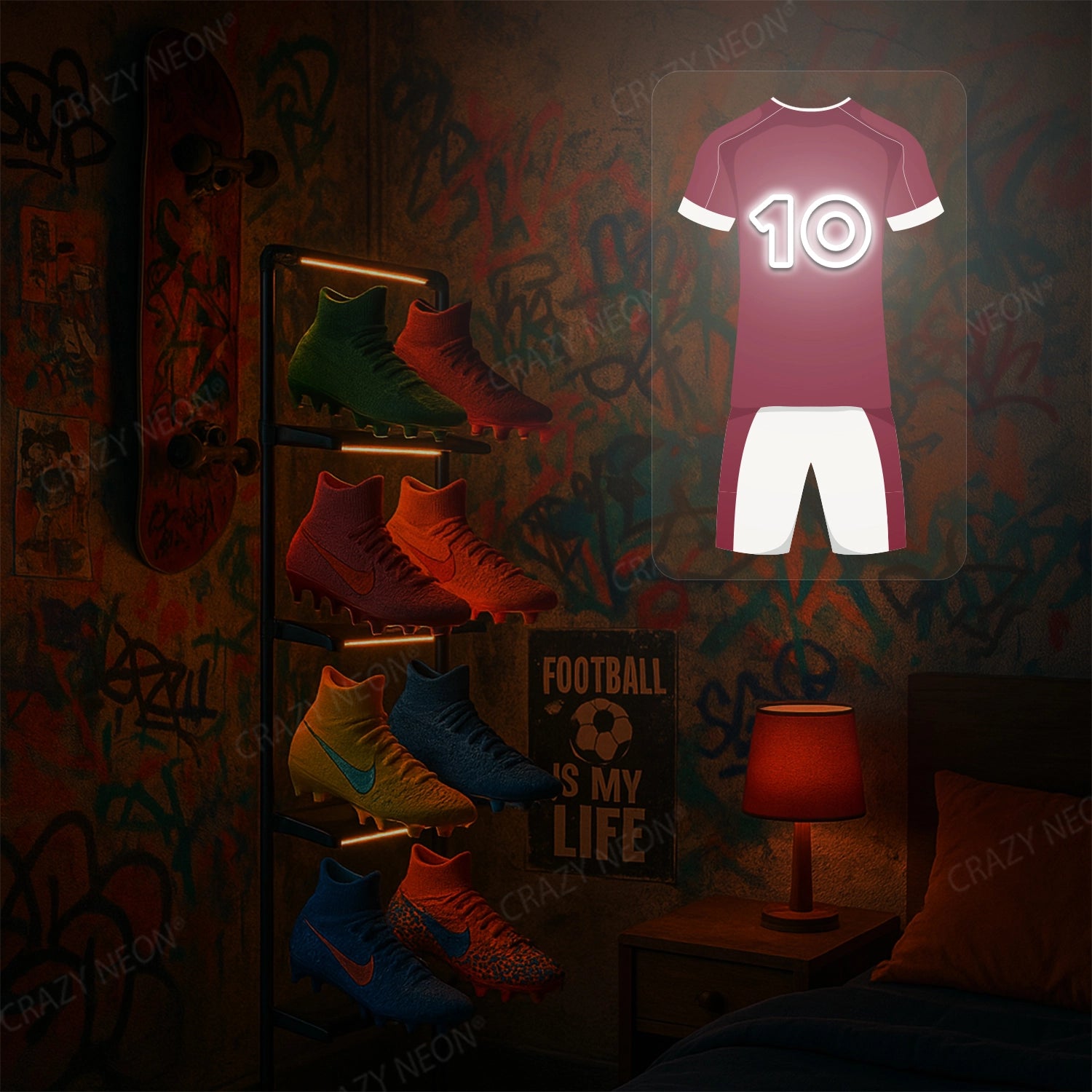 Claret football jersey neon artwork with number 10 glowing on a graffiti-covered wall