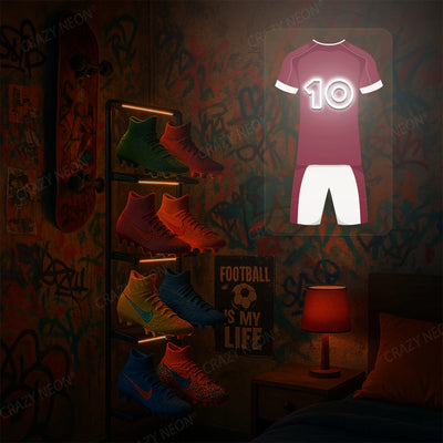 Claret football jersey neon artwork with number 10 glowing on a graffiti-covered wall