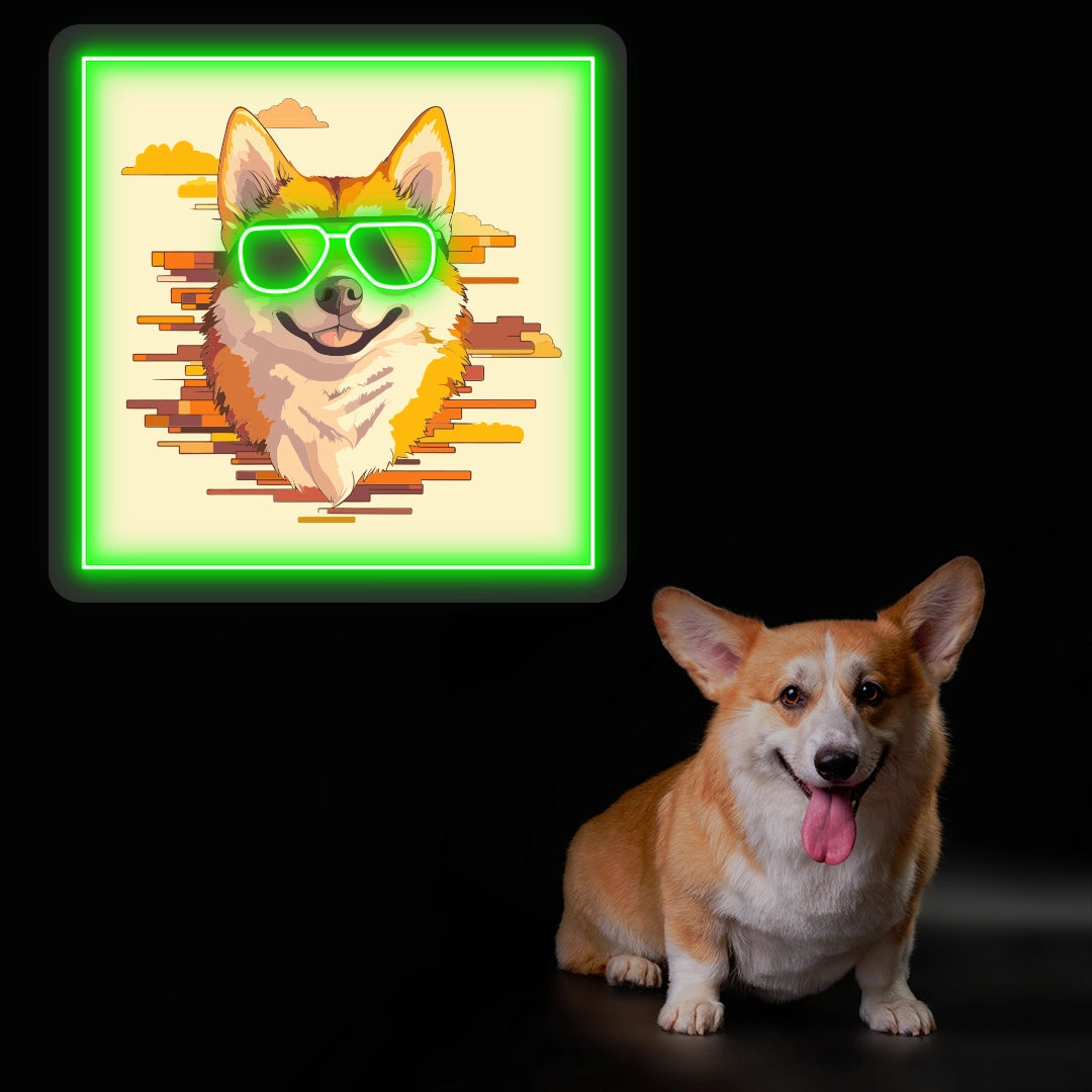 Cool Shades Corgi Neon Artwork in Green Color