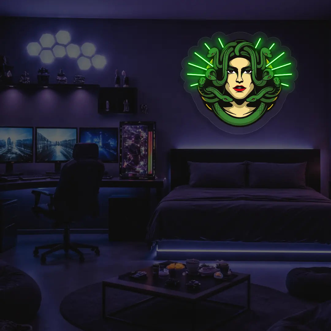 Medusa Head Snake Neon Artwork in Green Color