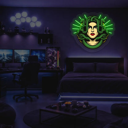 Medusa Head Snake Neon Artwork in Green Color