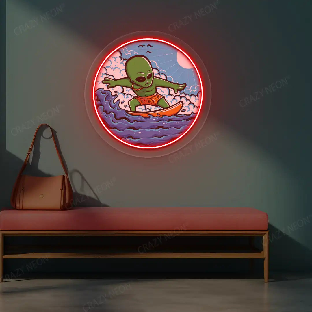 red alien surfer neon artwork mounted on a wall