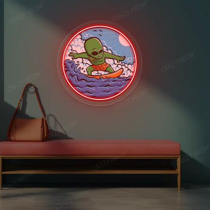 red alien surfer neon artwork mounted on a wall
