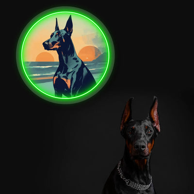 Twin Sunset Beach Doberman Neon Artwork in Green Color