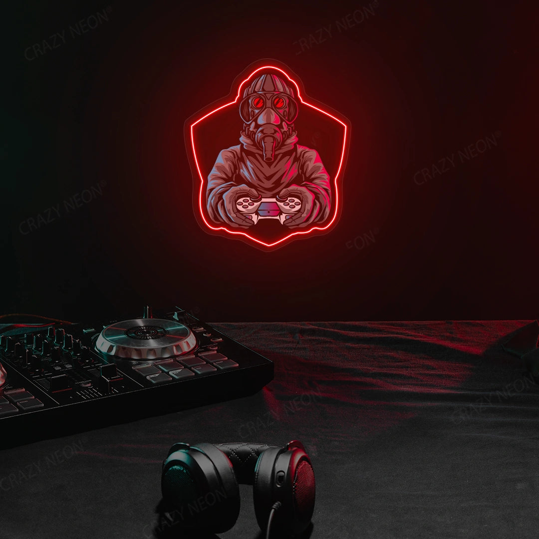 Gas Mask Soldier Gamer Neon Artwork in Red color