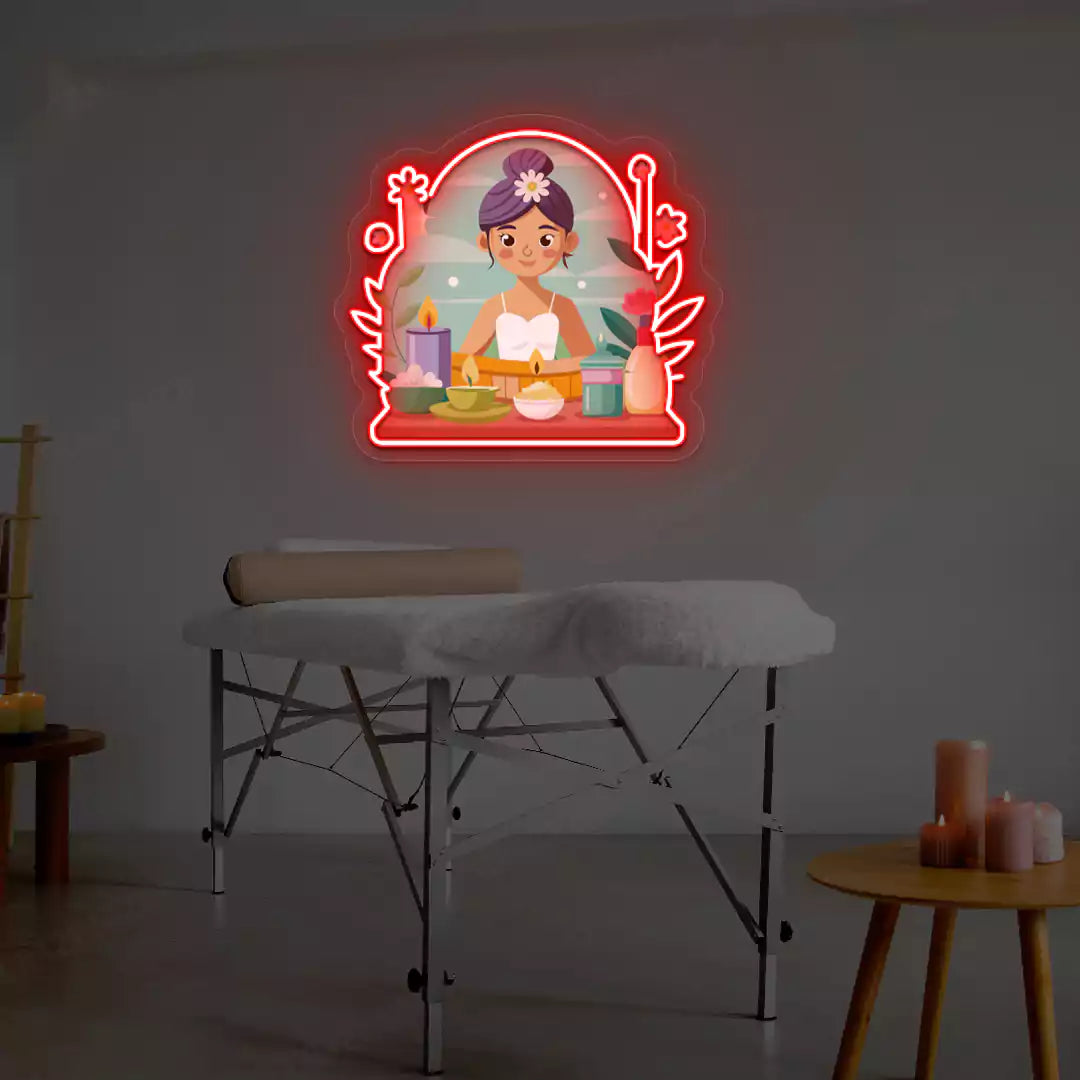 Spa Girl Neon Artwork lighting up in red color on a spa wall
