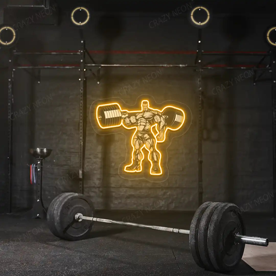 orange bodybuilder power flex gym neon artwork mounted on a wall