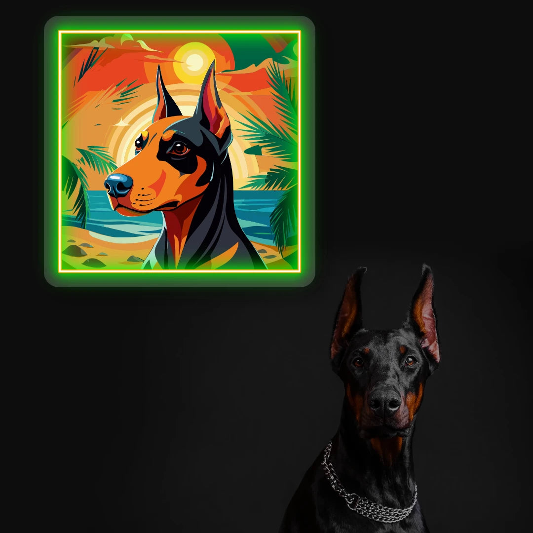 Tropical Sunset Doberman Neon Artwork in Green Color