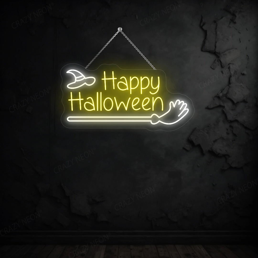 Happy Halloween with Broom Stick LED Neon Sign