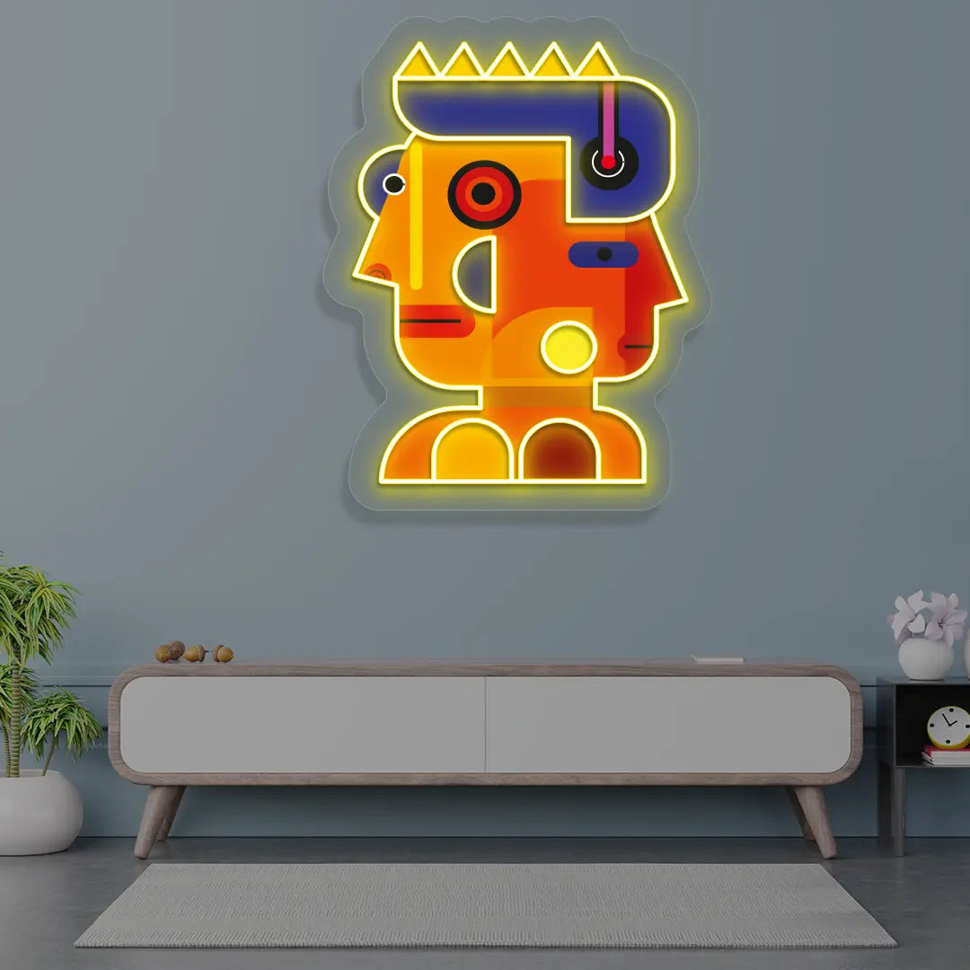 Prism Face Abstract Neon Artwork in yellow color