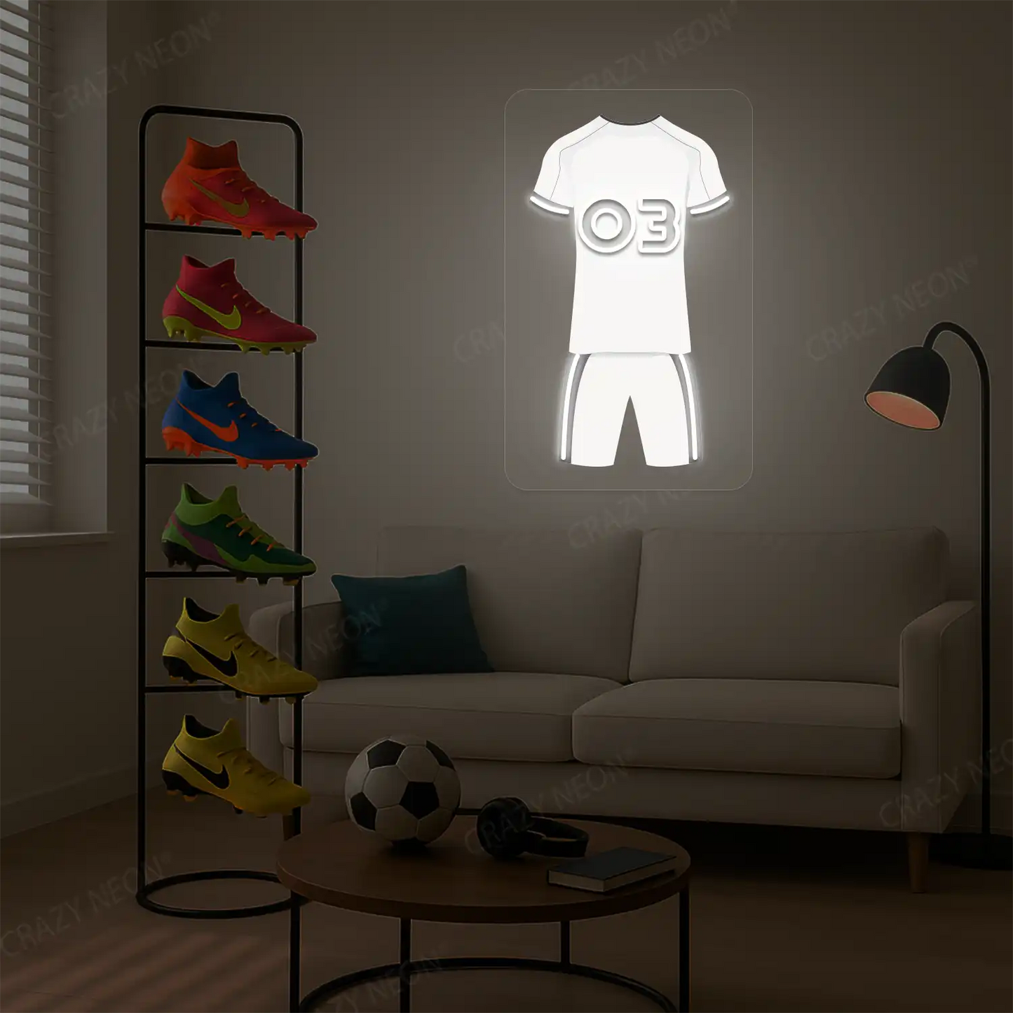 White football jersey neon artwork with number 03 glowing on a beige wall