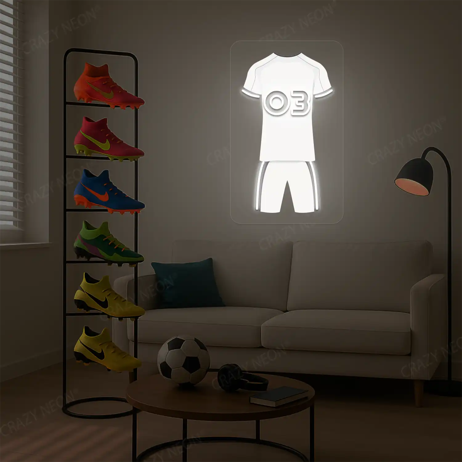 White football jersey neon artwork with number 03 glowing on a beige wall