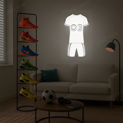 White football jersey neon artwork with number 03 glowing on a beige wall