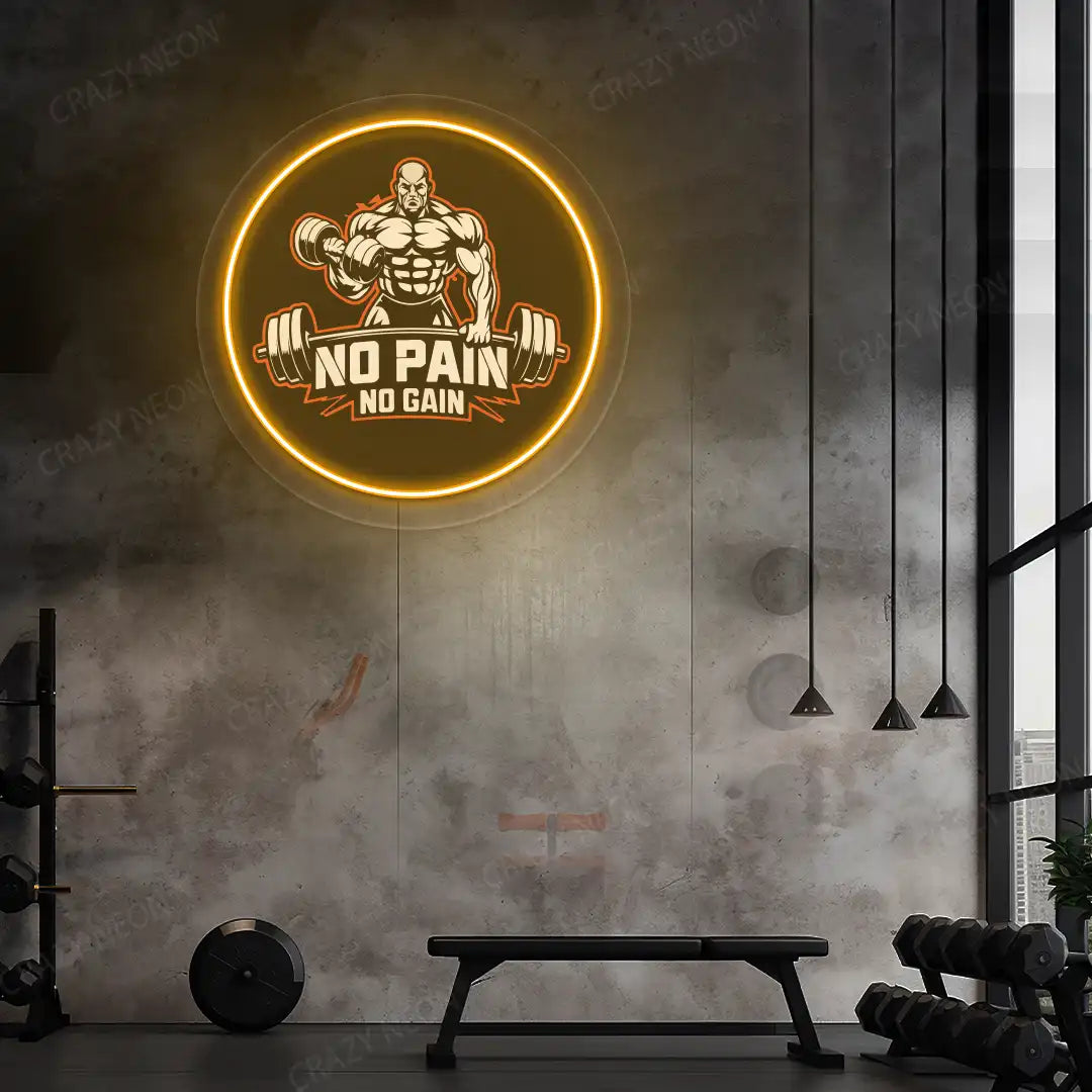 orange no pain no gain gym neon artwork mounted on a wall