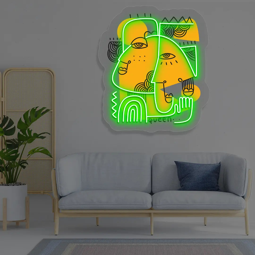green golden muse abstract Neon Artwork Sign mounted on a wall