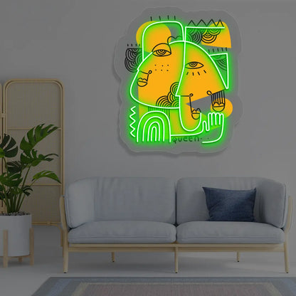 green golden muse abstract Neon Artwork Sign mounted on a wall