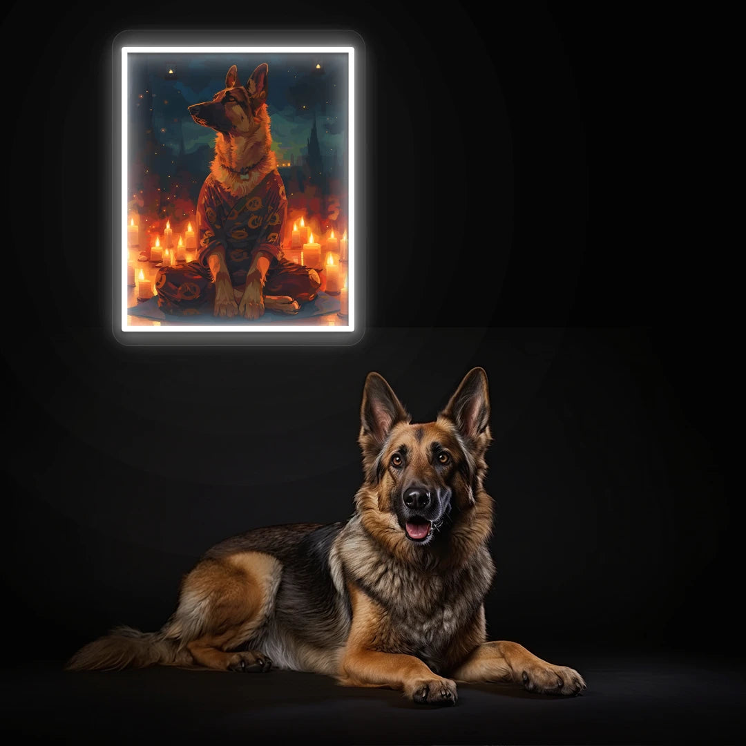 Candlelight Zen German Shepherd Neon Artwork in White color