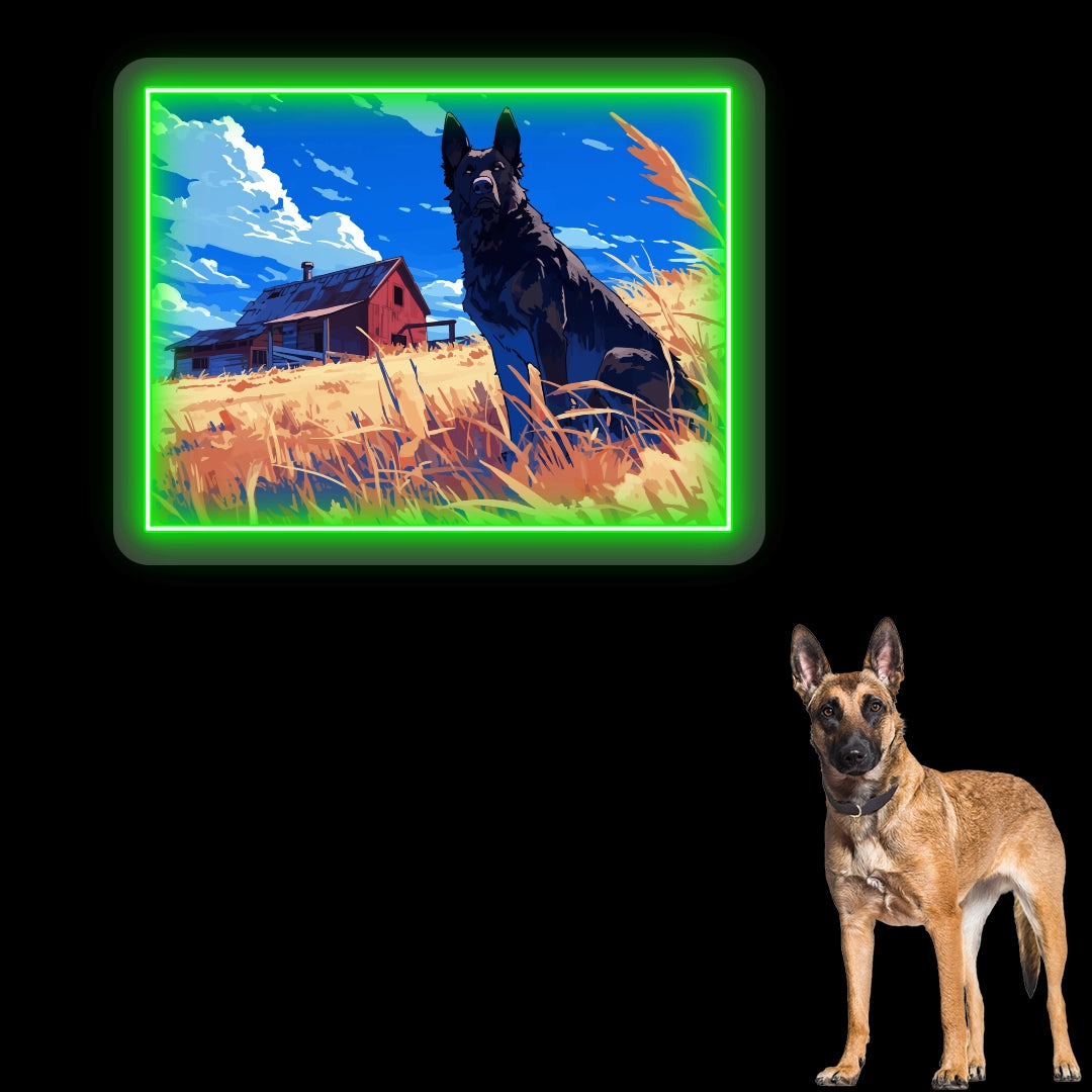 Golden Field German Shepherd Farm Neon Artwork in Green Color