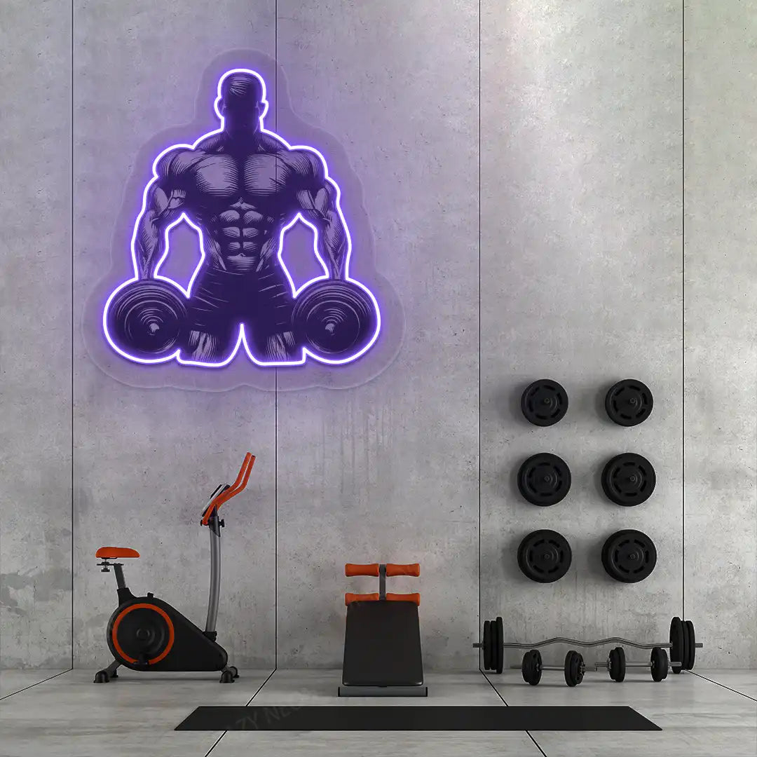 purple muscle man dumbbell gym neon artwork mounted on a wall