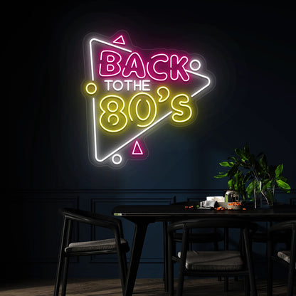 pink yellow and white back to the 80s vintage neon sign mounted on a wall