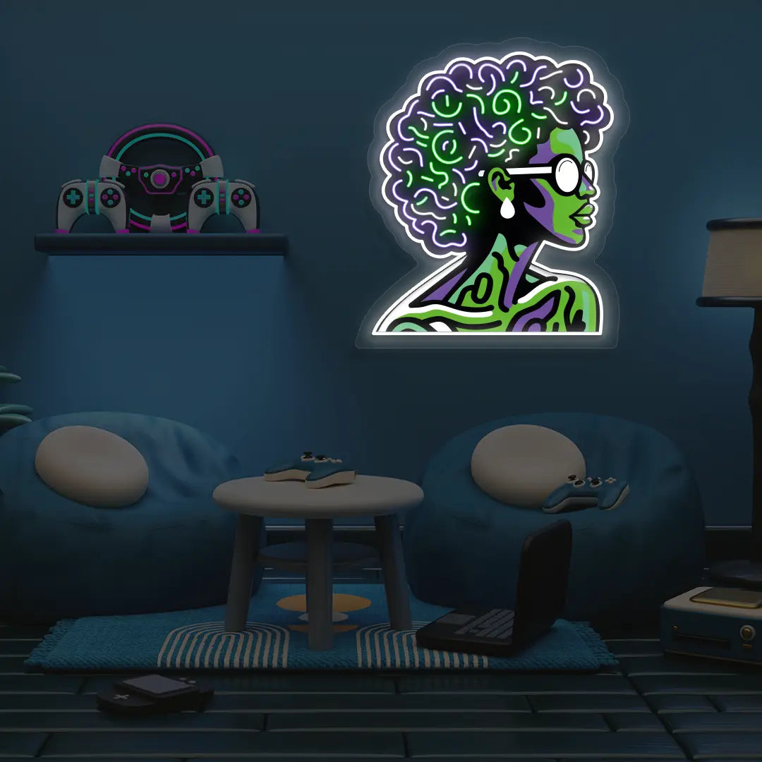 Afro Baddie Neon Artwork in Purple color