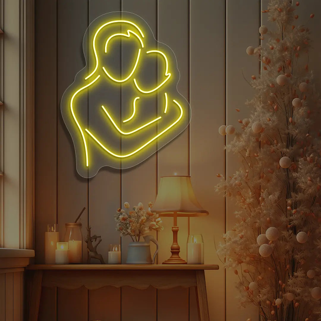 yellow mamas hug neon sign mounted on a wall
