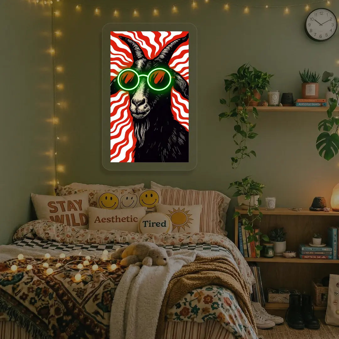 Goat with Sunglasses Neon Artwork in Green Color