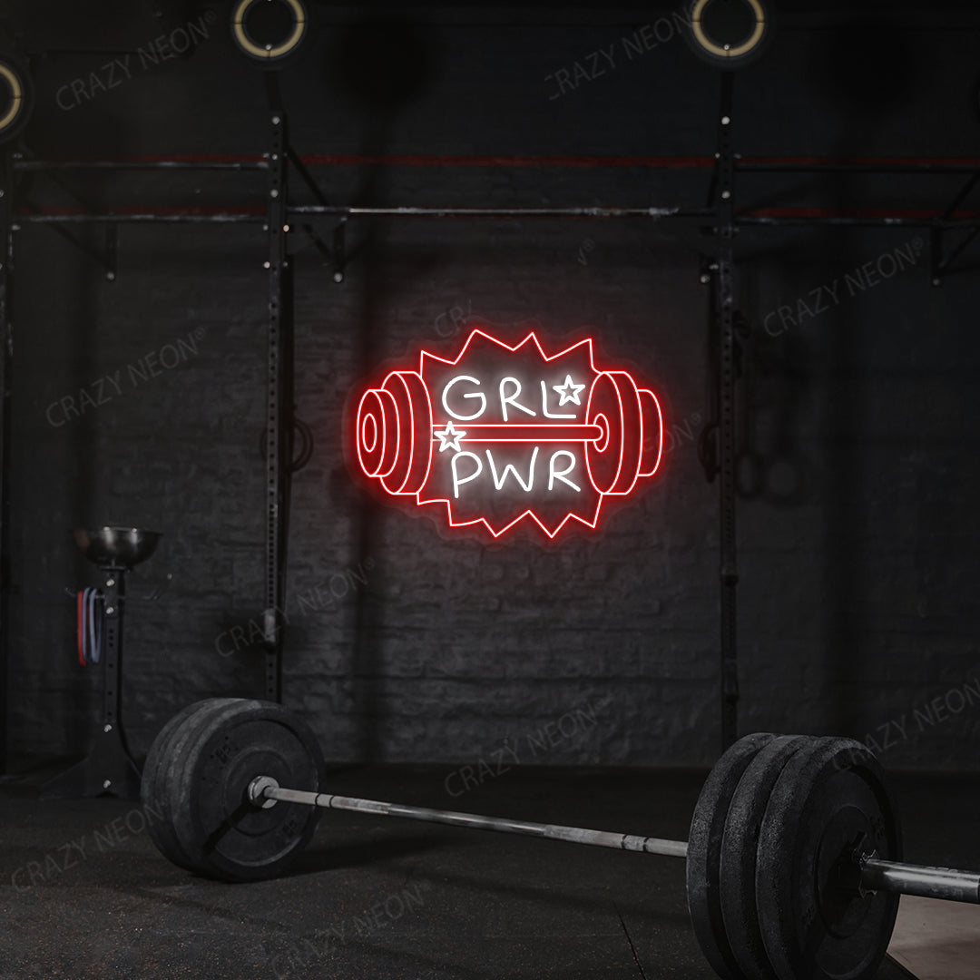 red and white grl pwr gym neon sign mounted on a wall