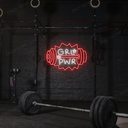 red and white grl pwr gym neon sign mounted on a wall