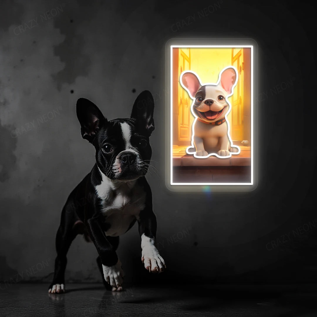 Happy French Bulldog Neon Artwork in warmwhite color