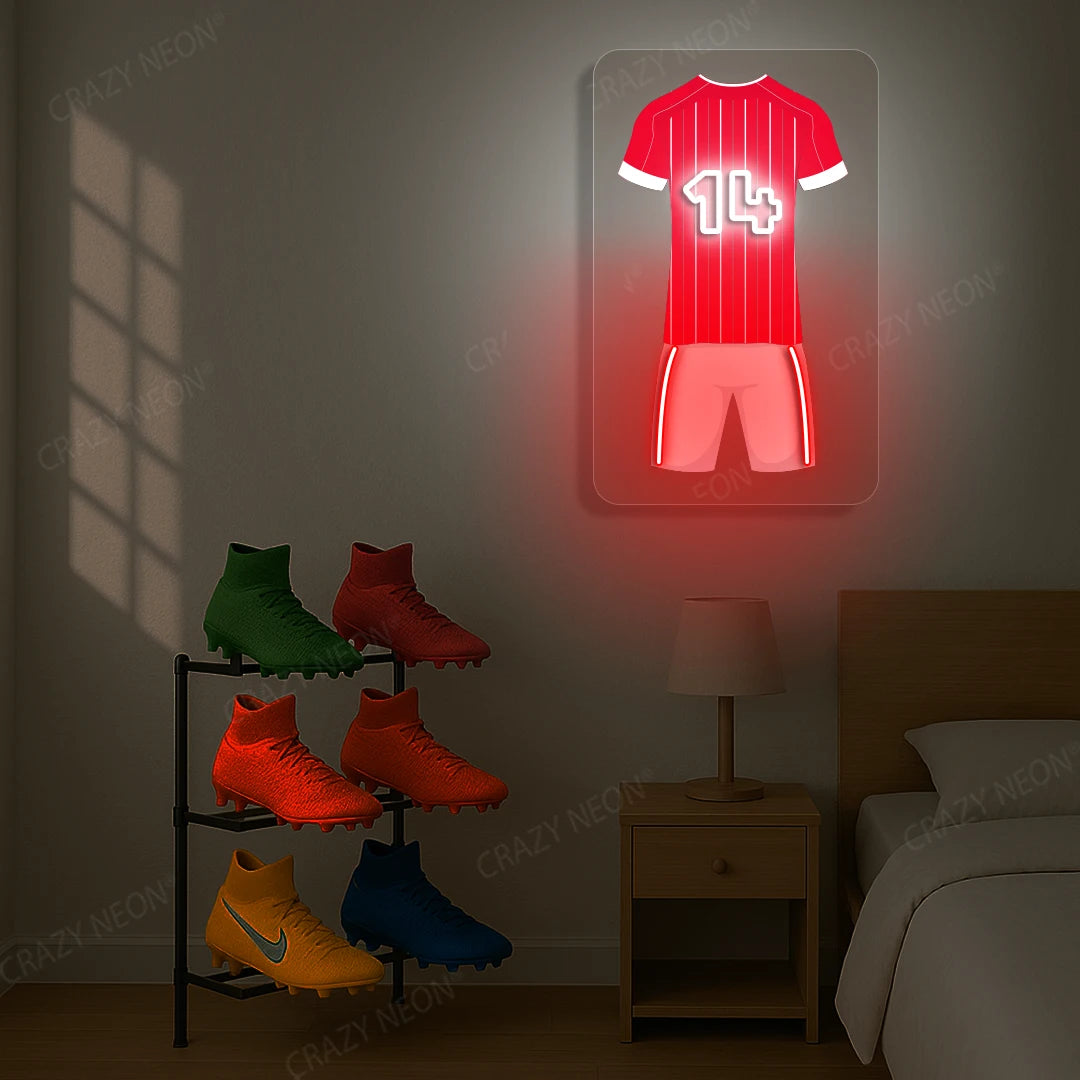 Red pinstriped football jersey neon artwork with number 14 glowing on a beige wall