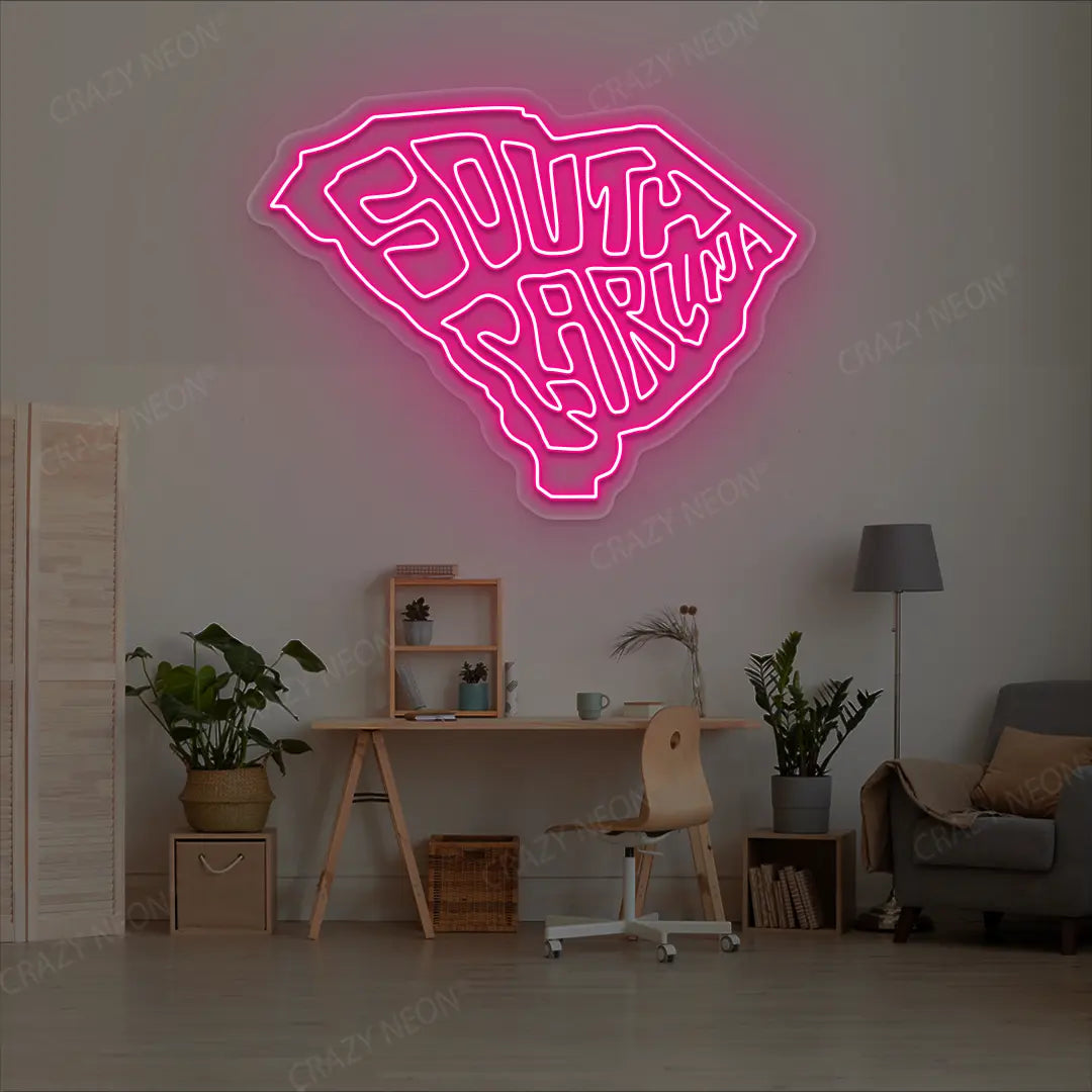 SOUTH CAROLINA Map Neon Sign lighting up in pink color in a room