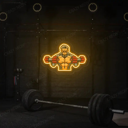 orange monkey workout gym neon artwork mounted on a wall