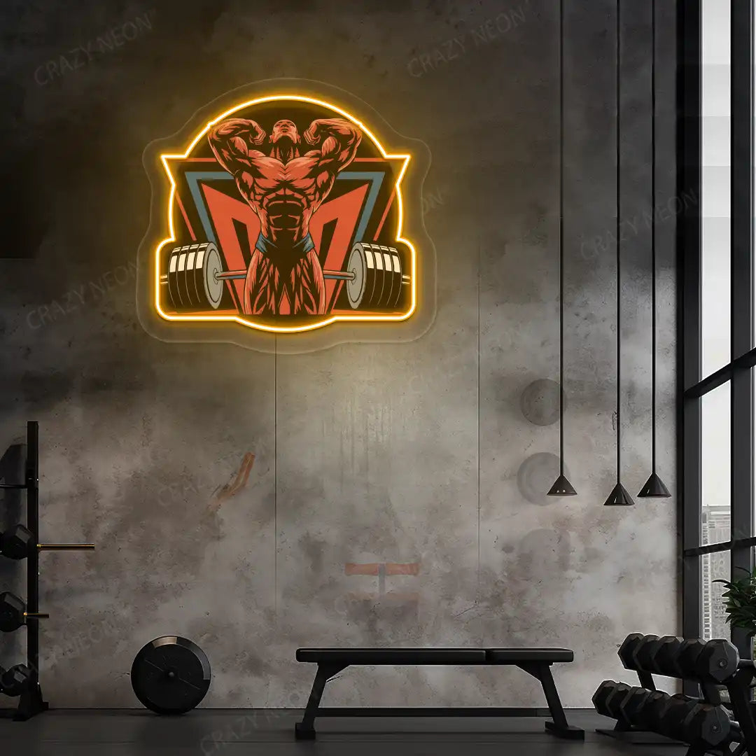 orange powerlifter era gym neon artwork mounted on a wall