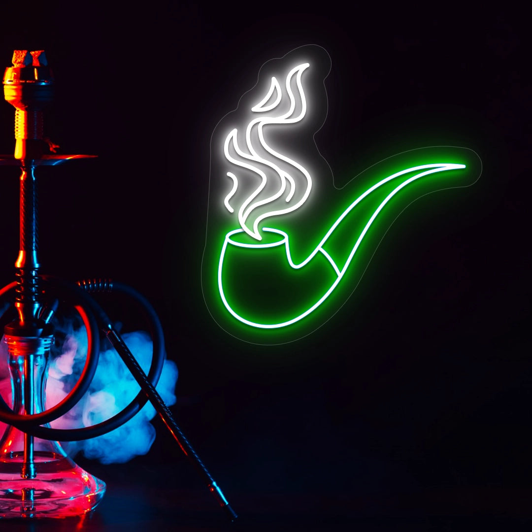 green and white retro smoke and pipe vintage neon sign mounted on a wall