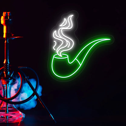 green and white retro smoke and pipe vintage neon sign mounted on a wall