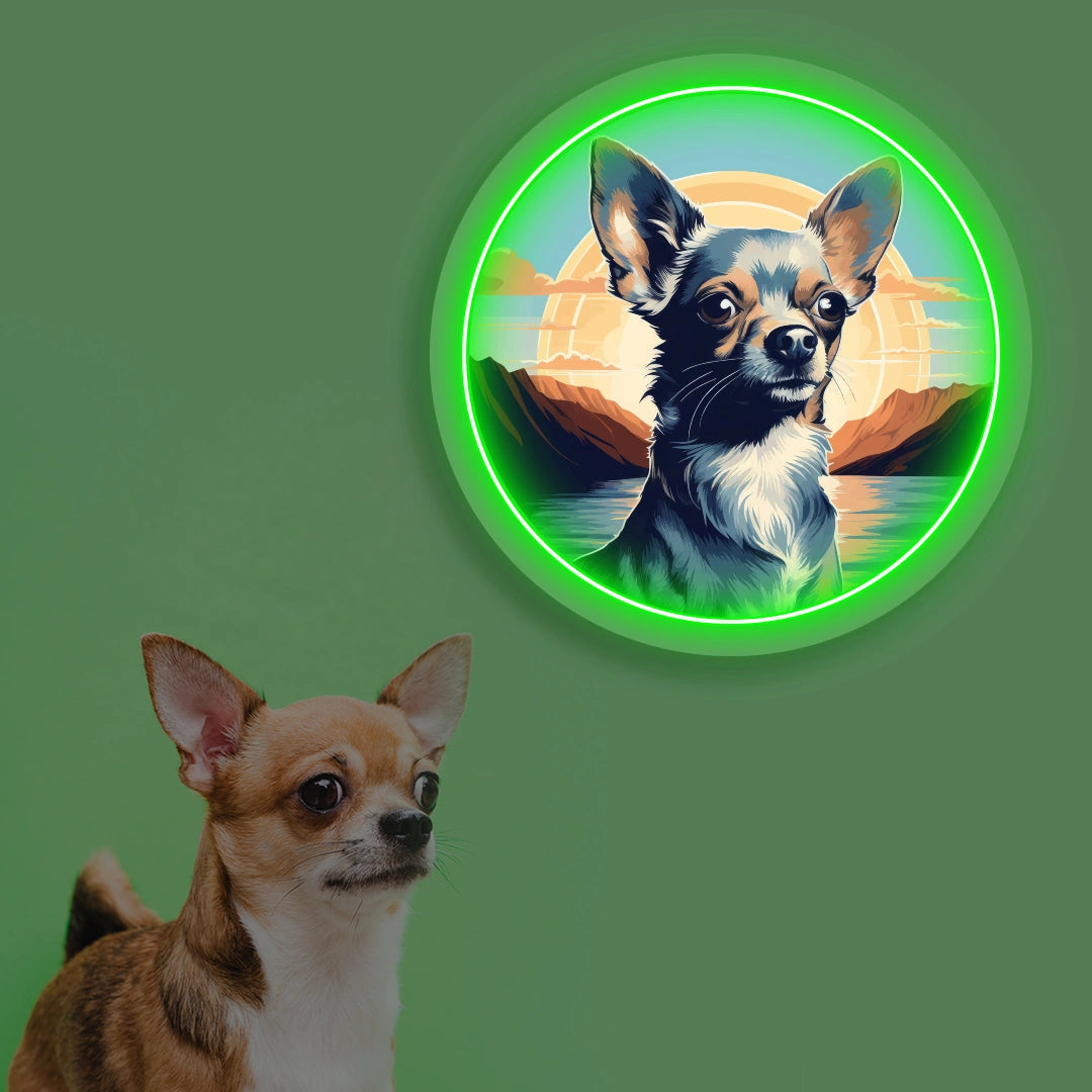 Sunset Lake Chihuahua Portrait Neon Artwork in Green color