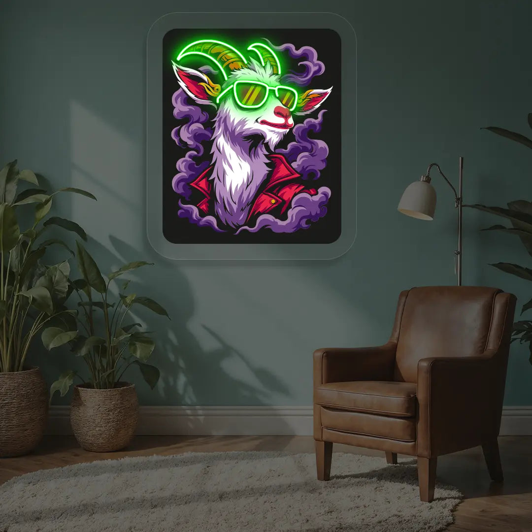 Stylish Goat with Sunglasses Neon Artwork in Green color