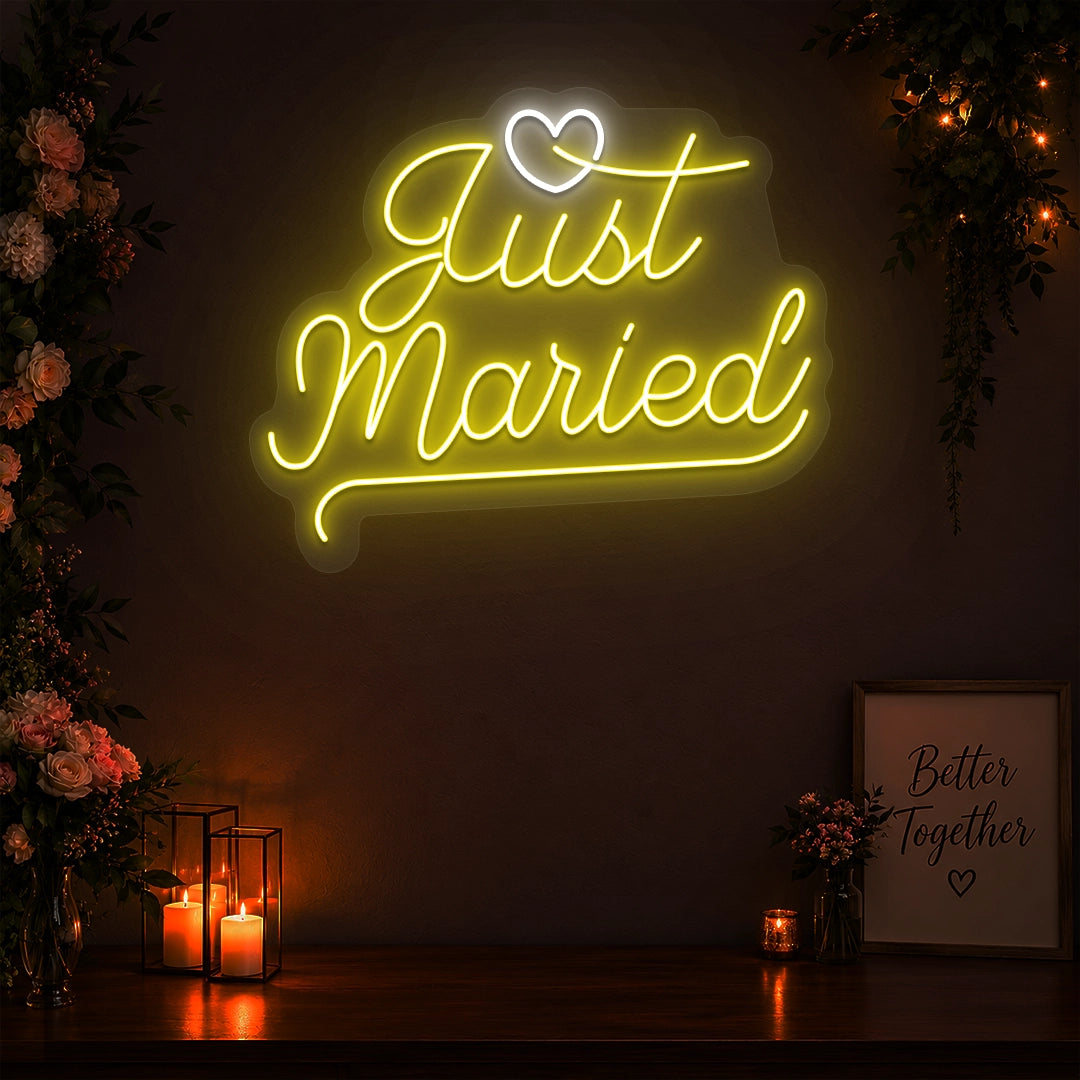 Just Married Vows Wedding Neon Sign in Yellow color