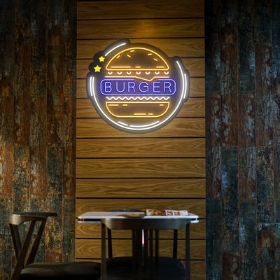 blue orange and white burger buzz neon sign mounted on a wall