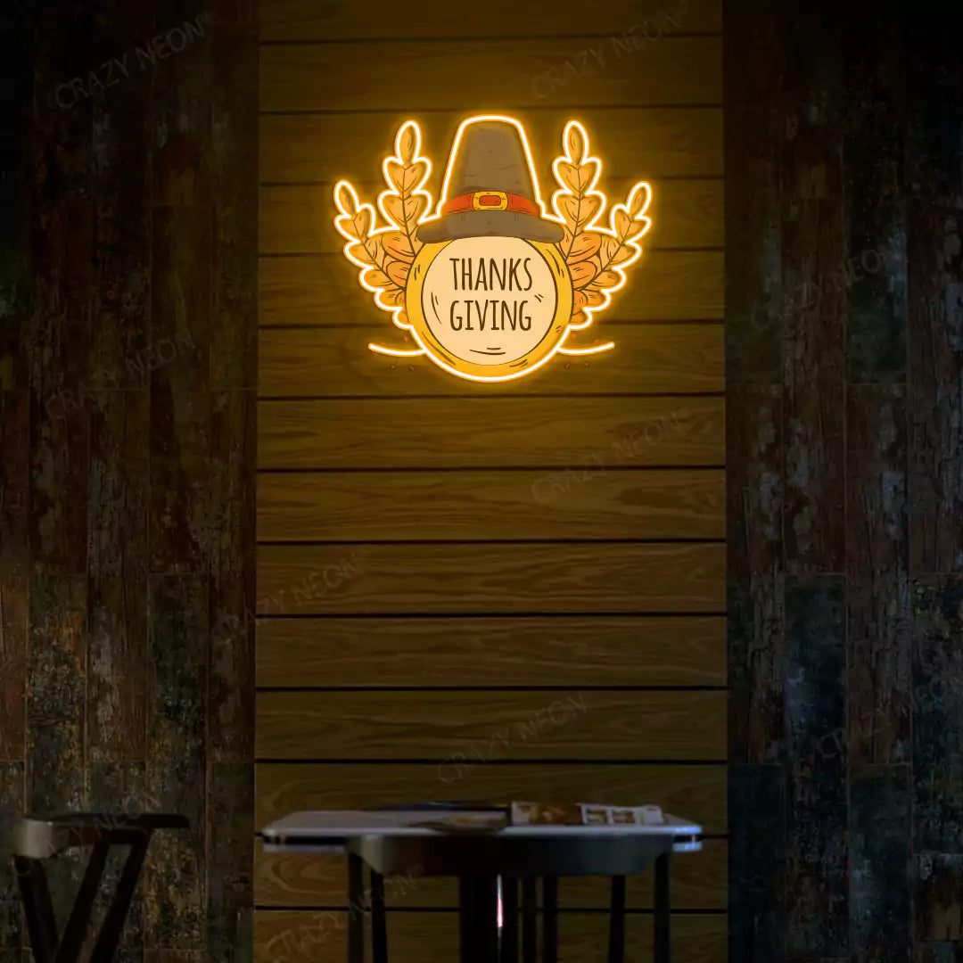 Pilgrim hat and wheat thanksgiving neon sign in orange