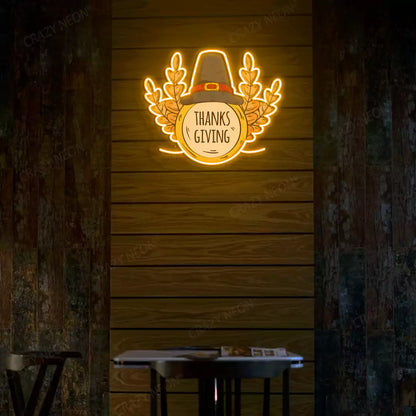 Pilgrim hat and wheat thanksgiving neon sign in orange