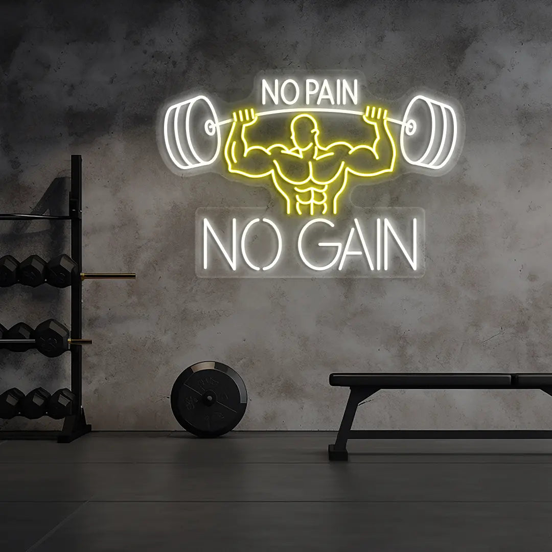 yellow and white no pain no gain bodybuilder neon sign mounted on a wall
